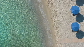 On the beach, sun-loungers