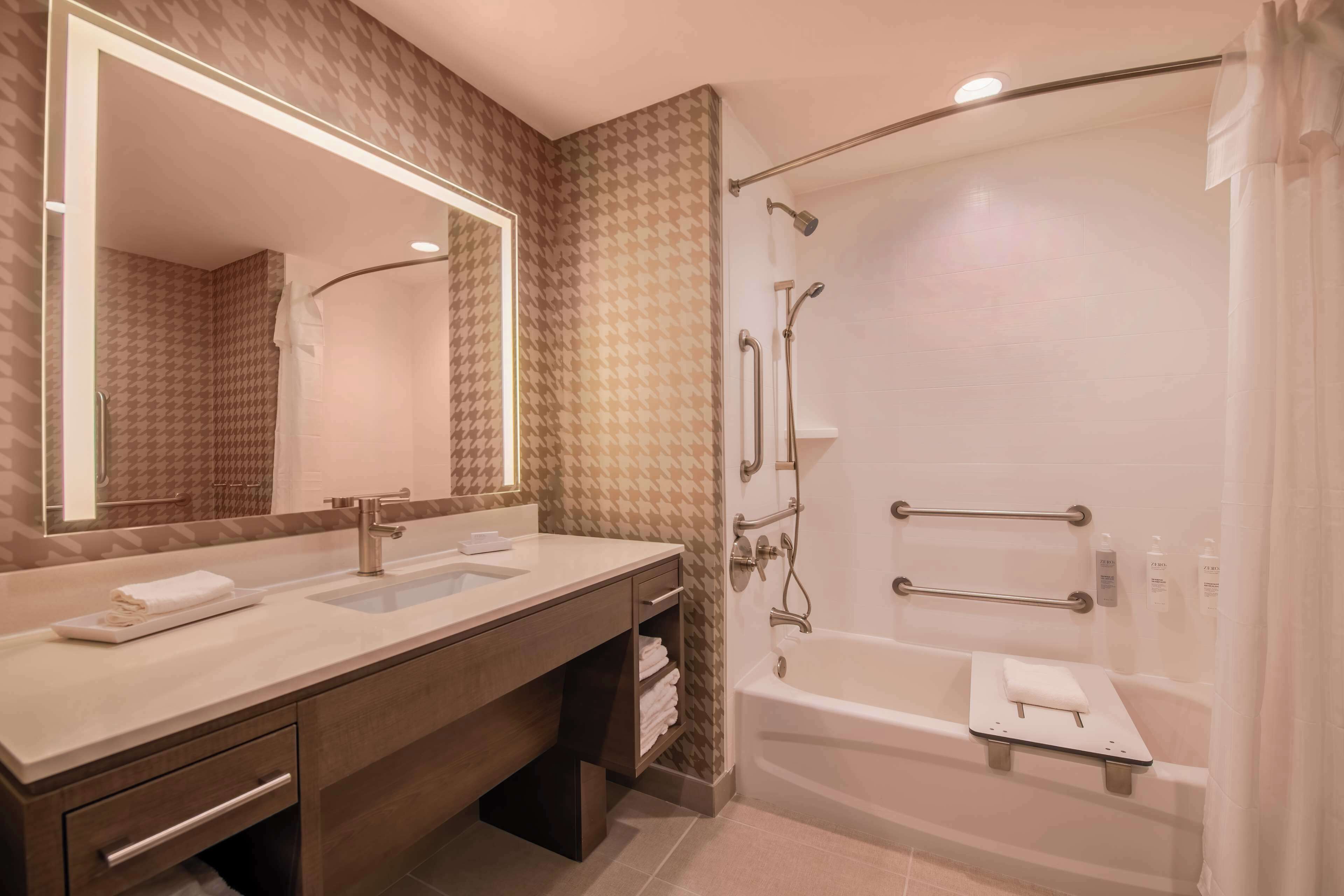 A modern bathroom with dual sinks, a large mirror, a walk-in shower with grab bars, and a bathtub.