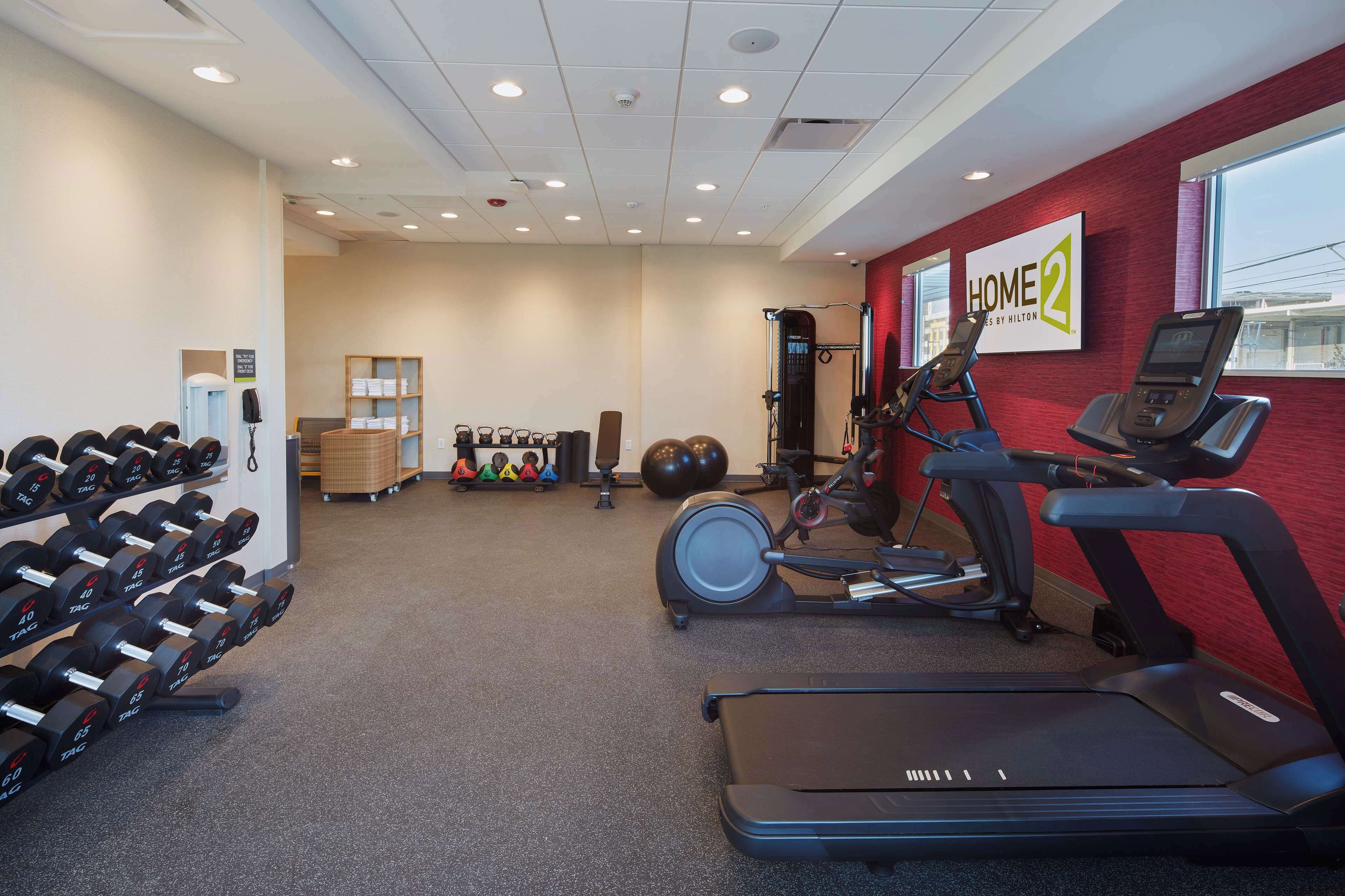 A gym with treadmills, elliptical machines, and free weights.