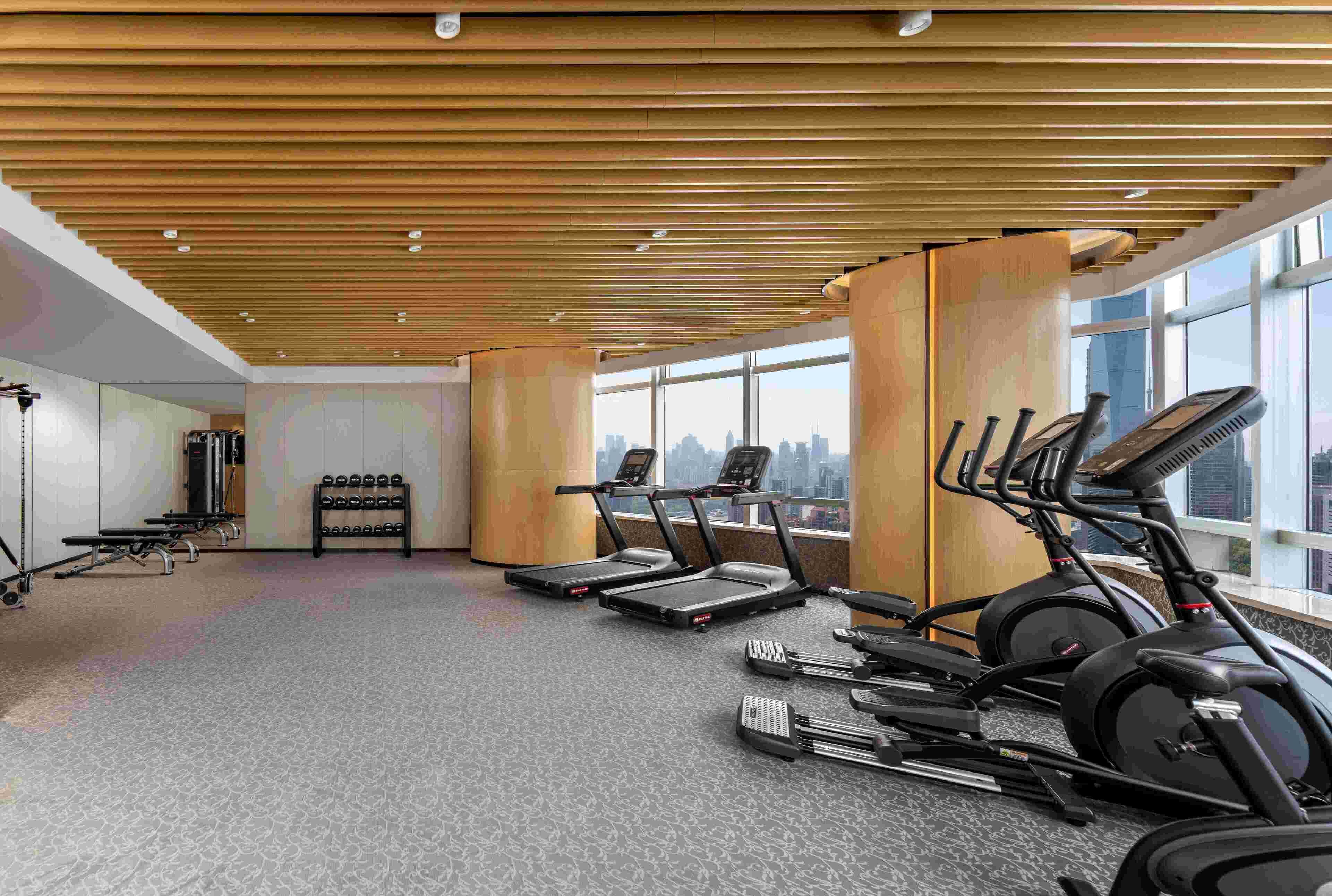 A gym with treadmills, elliptical machines, and weight benches.