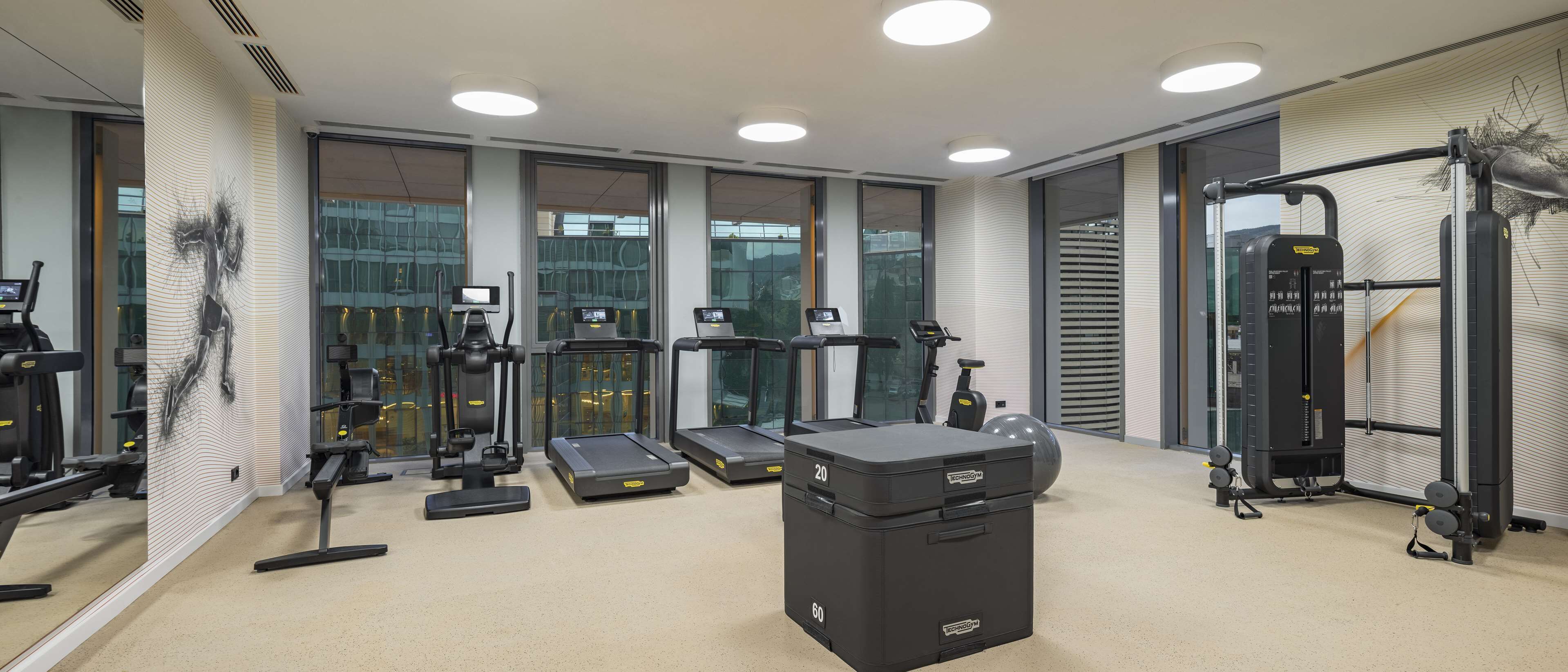 A modern gym with treadmills, elliptical machines, and weightlifting equipment.