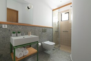 Shower, hair dryer, towels, toilet paper