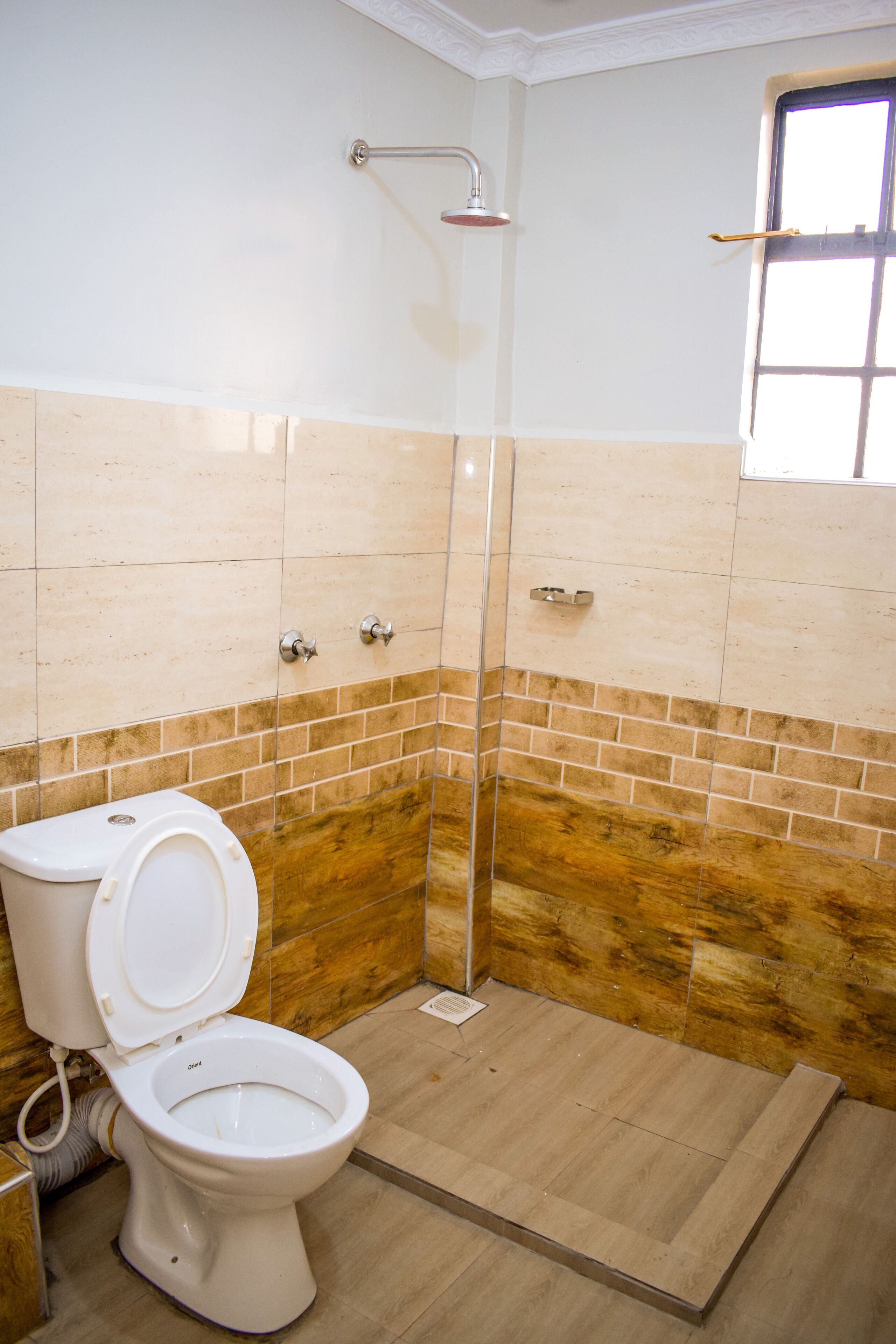 A bathroom with a toilet, a shower, and a window.