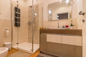 Shower, free toiletries, hair dryer, bidet