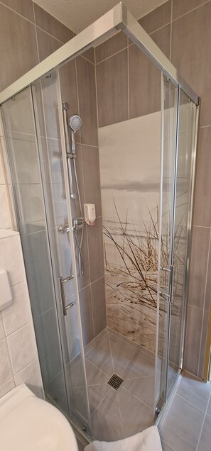 Ducha, secador de pelo, toallas, jabón