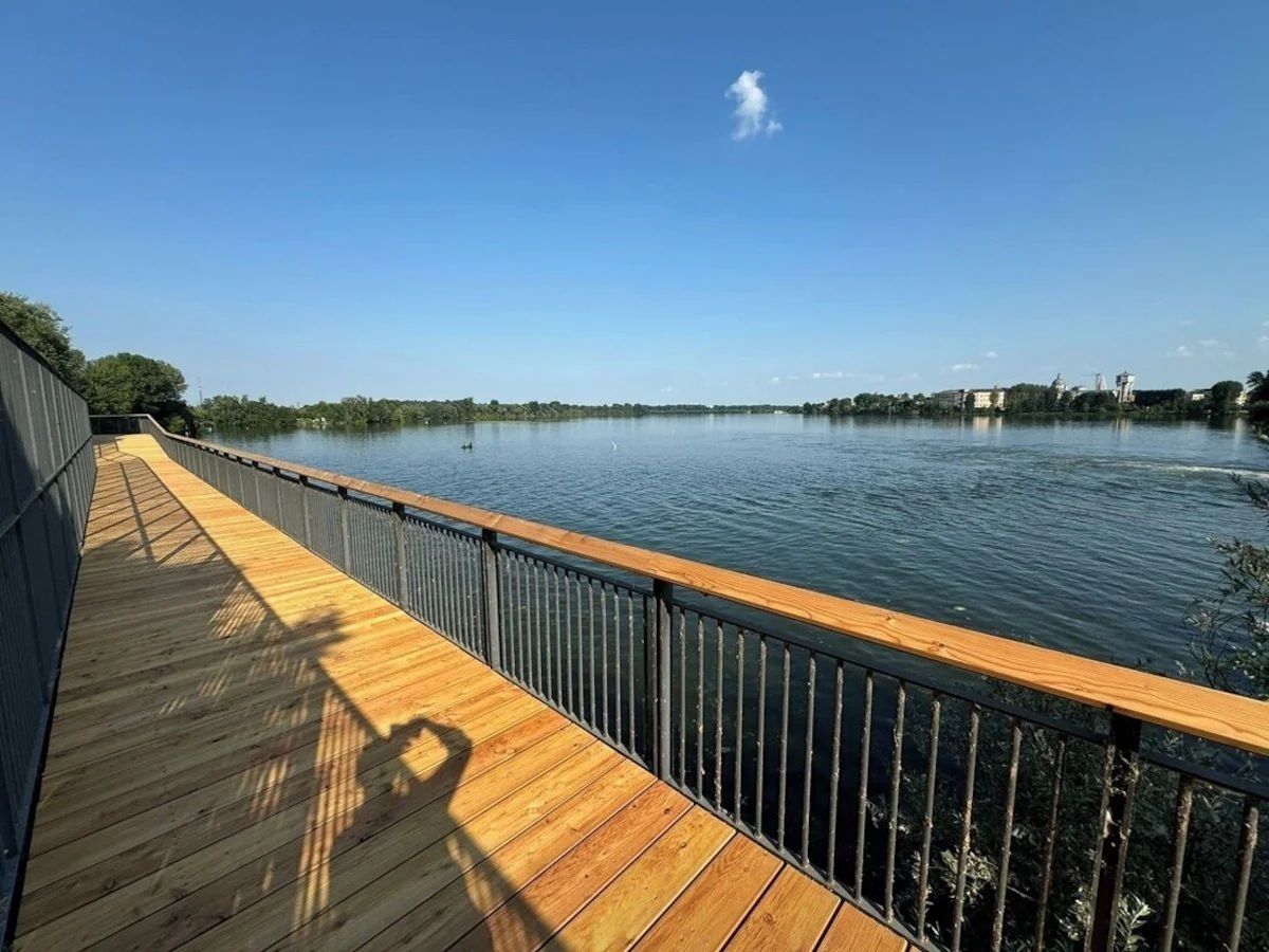 Een houten looppad langs een kalm wateroppervlak, met een heldere lucht erboven.