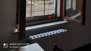 Une pièce avec une fenêtre donnant sur un jardin, un radiateur placé sous la fenêtre et un tableau encadré accroché au mur.