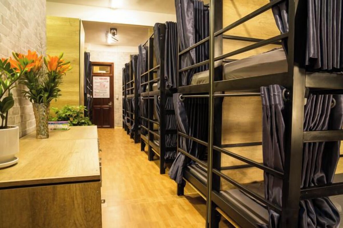 Bunk beds arranged in a row, a wooden counter with a vase of flowers, and a door in the background.