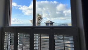 A view through a window with a view of the sea, a palm tree, and a small building. - The Nook (Criccieth)