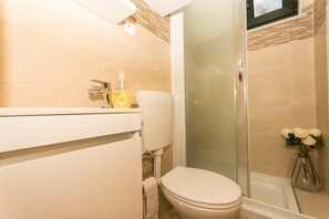 Douche, sèche-cheveux, serviettes fournies, papier toilette