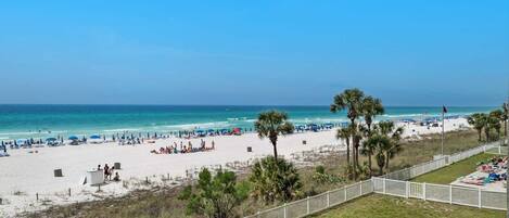 A beach with a white fence, palm trees, and umbrellas.