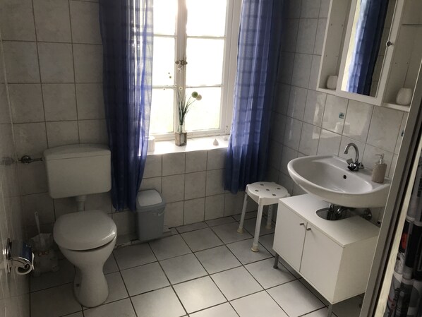 A bathroom with a toilet, sink, and window with curtains.
