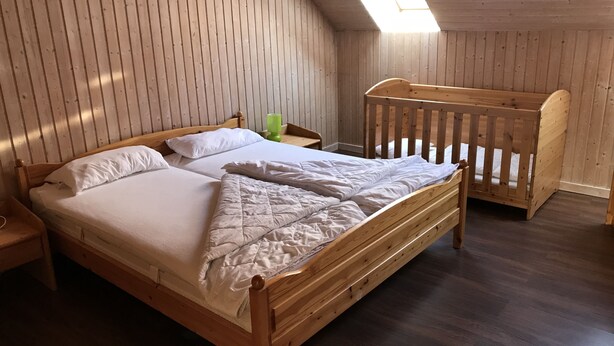 A wooden room with a bed, a crib, and a skylight.
