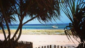 Een strand met een houten omheining, palmbomen en een boot op het water.