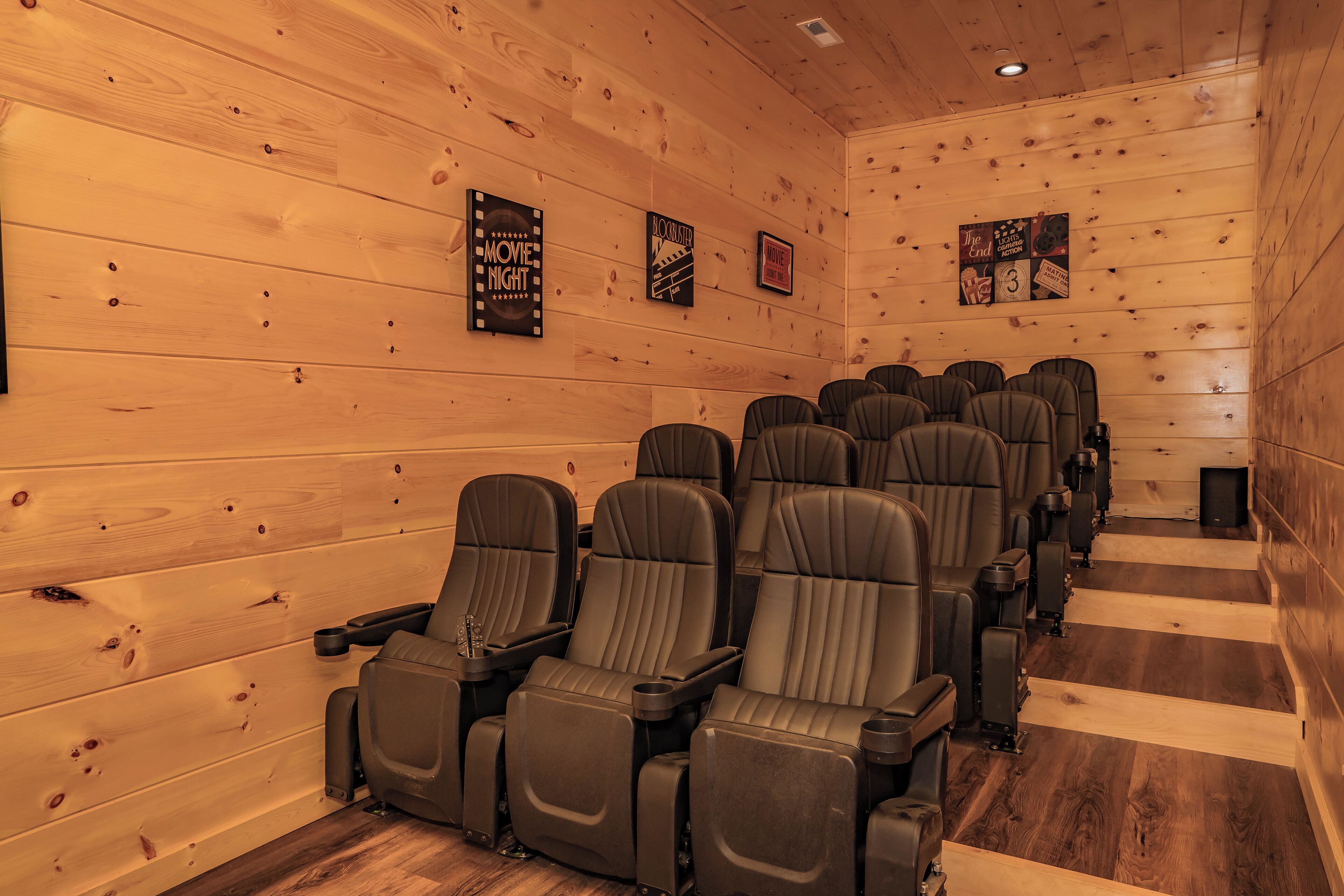 Reihenweise dunkelbraune Theatersessel mit Wandverkleidung aus Holz und Holzboden.