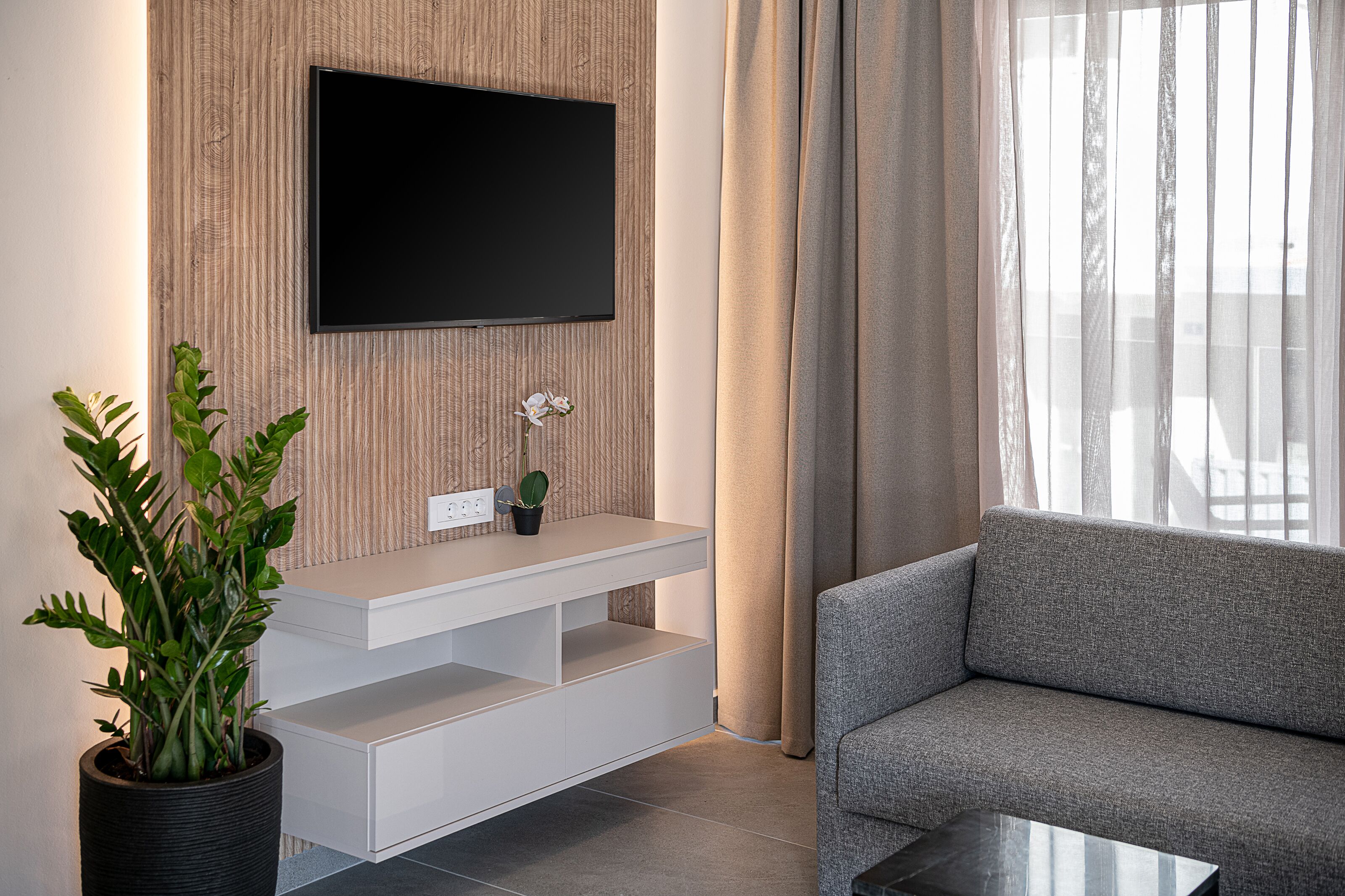 A modern living room with a flat-screen TV mounted on a wooden wall, a grey sofa, a small table, and a potted plant.