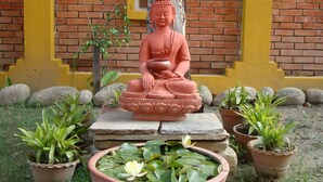 A seated Buddha statue in a garden with potted plants and a pond with lotus flowers. - Royal Astoria Hotel (Burhanilkantha)