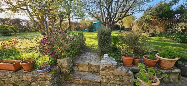 A garden with stone walls, potted plants, and a small shed.