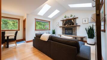 Smart TV, fireplace, books