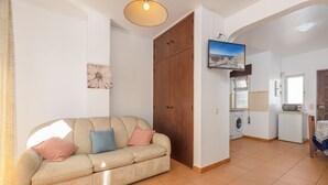 Una sala de estar con sofá, un armario de madera, lavadora y televisor en la pared.