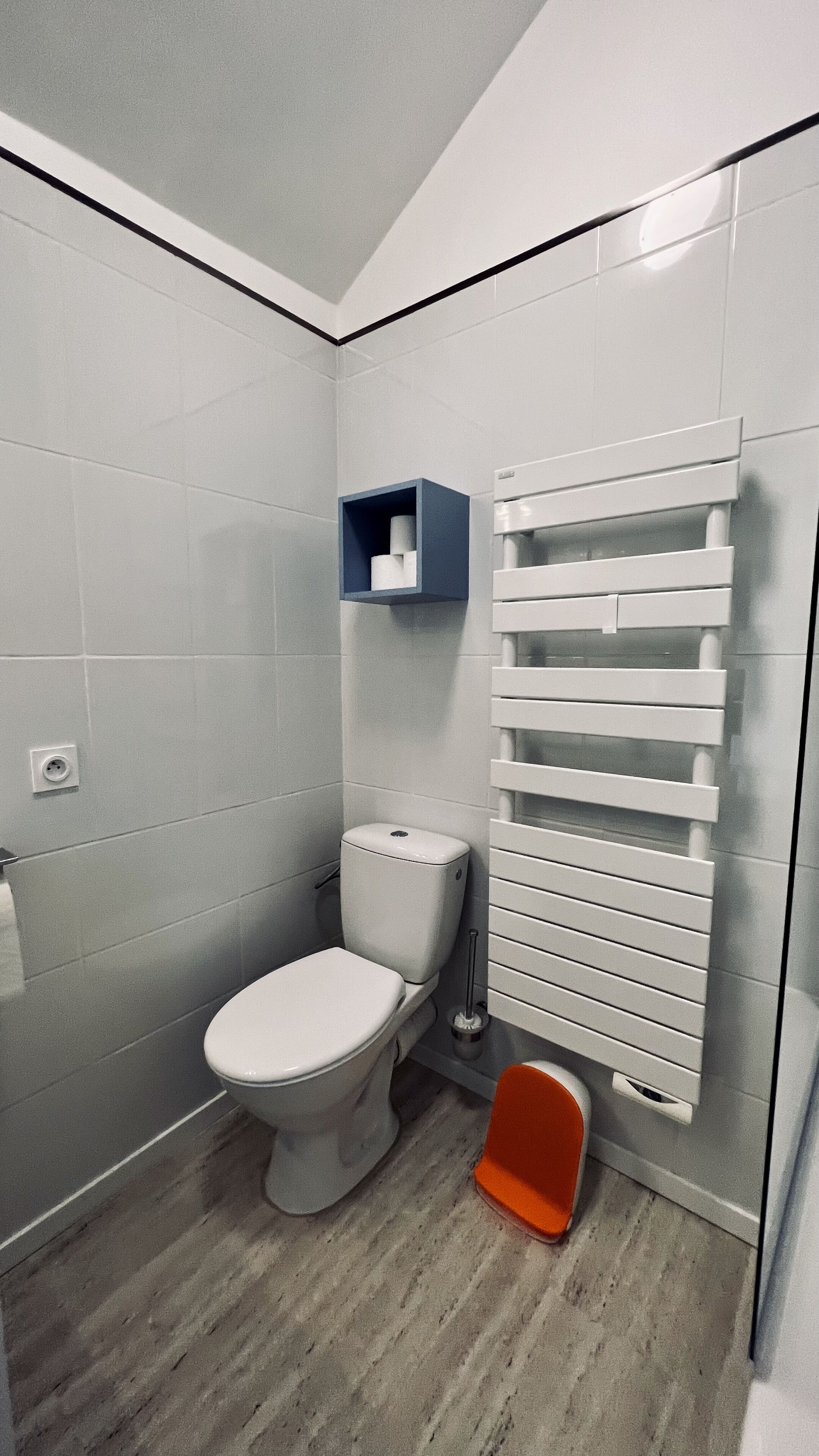 Un bagno moderno con un water, uno scaffale con articoli da toilette e un portascopevoli.