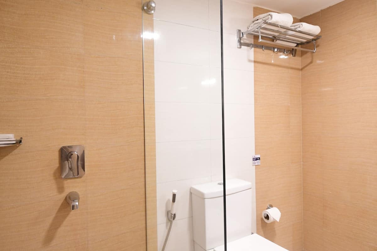 kitchen suite with balcony | bathroom | shower, hair dryer, towels, soap