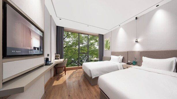 Habitación de hotel con dos camas, televisión, escritorio y ventana con vistas a árboles.
