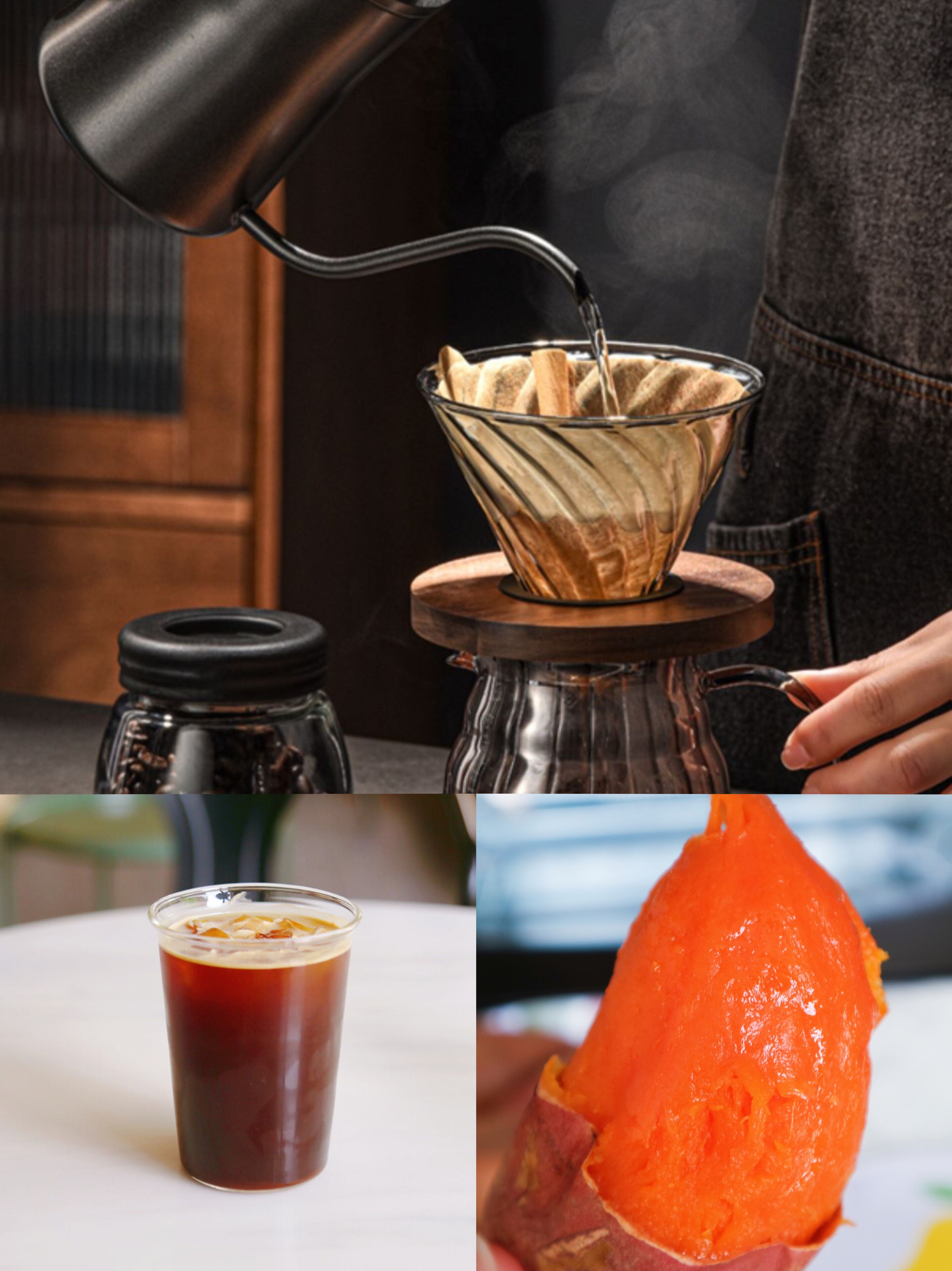 Koffie zetten, met een glazen beker en een dampende drank.