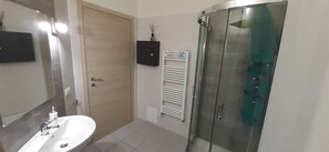 Shower, hair dryer, bidet, towels