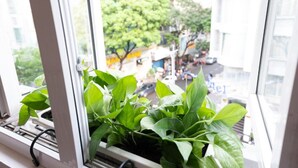 A window with a potted plant and a view of a street with buildings and trees. - Saigon Central Hotel (Ho Chi Minh City)