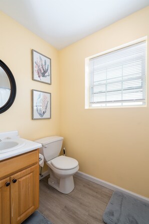A bathroom with a toilet, sink, and two framed pictures on the wall. - Gorgeous Waterfront 2:1 - 2 houses in 1 building. (New Haven)