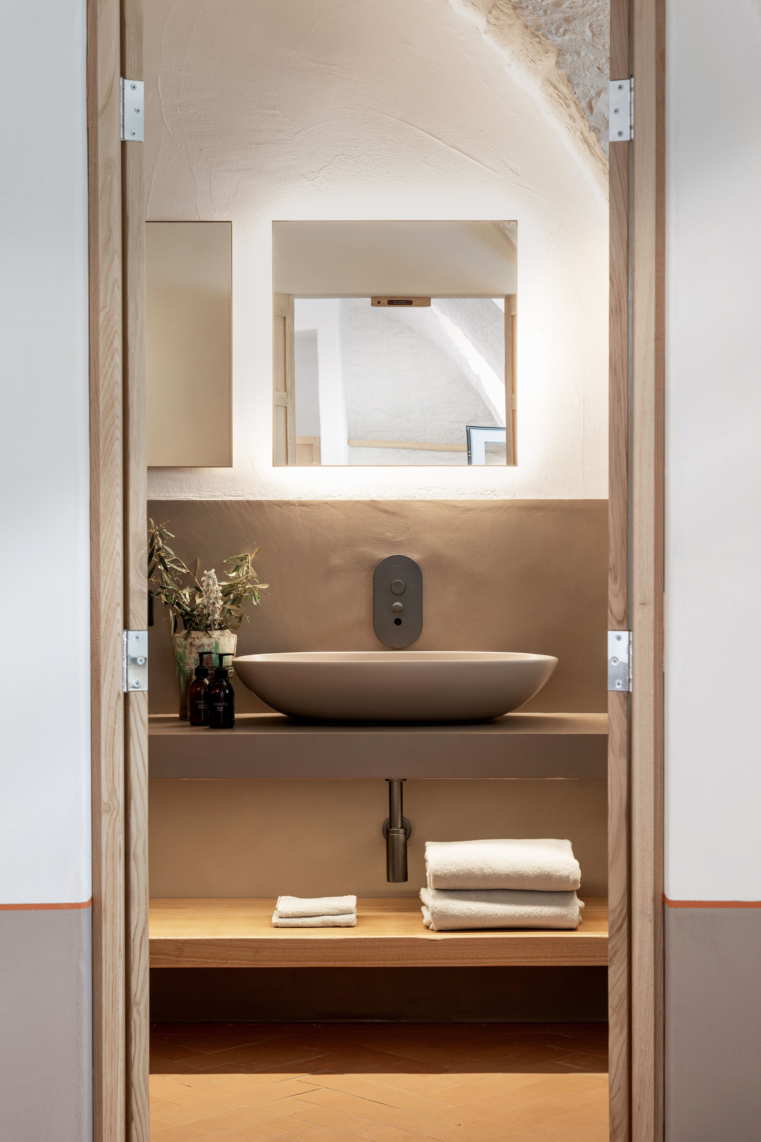 Uma casa de banho moderna com uma bacia grande, um espelho acima dela, um porta-toalhas e uma pequena planta.
