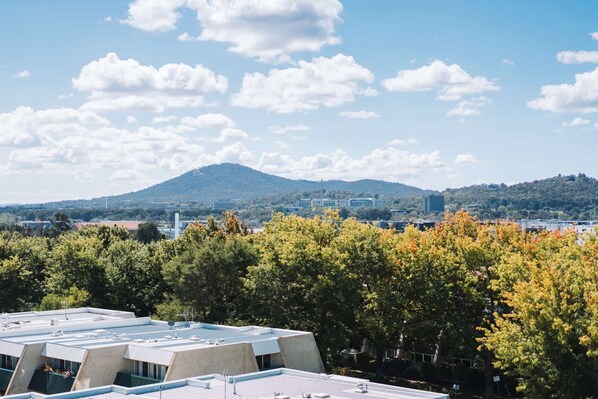 A building with a flat roof, surrounded by trees and a mountain in the background.
