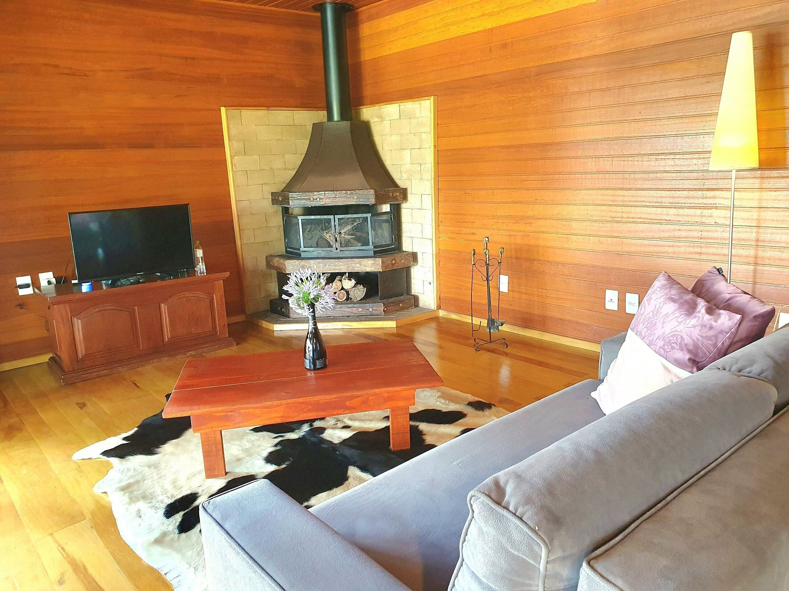 A living room with a fireplace, wooden walls, a sofa, a coffee table, and a television.