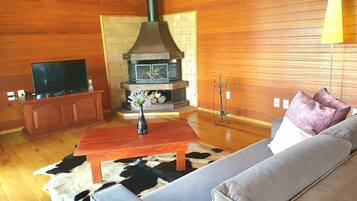 A living room with a fireplace, wooden walls, a sofa, a coffee table, and a television.