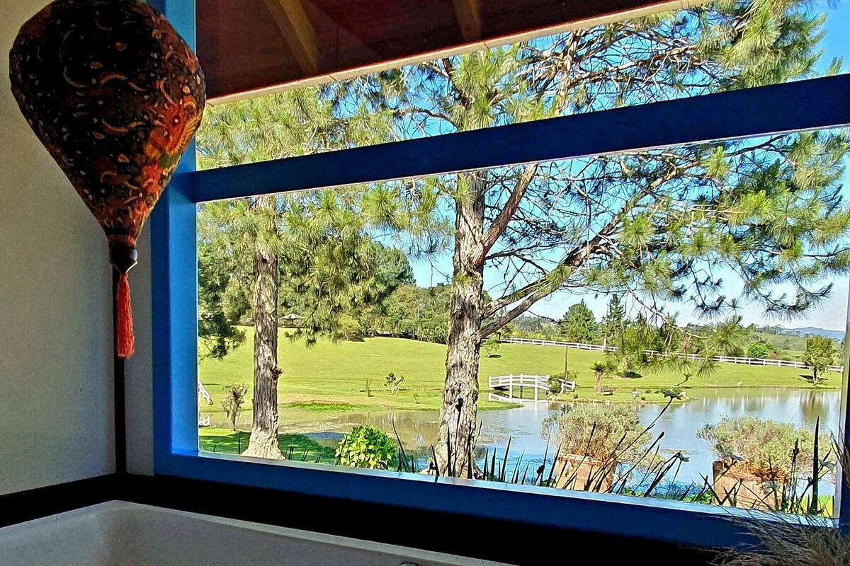 Une pièce dotée d’une grande fenêtre donnant sur un espace verdoyant, avec des arbres et une étendue d’eau.