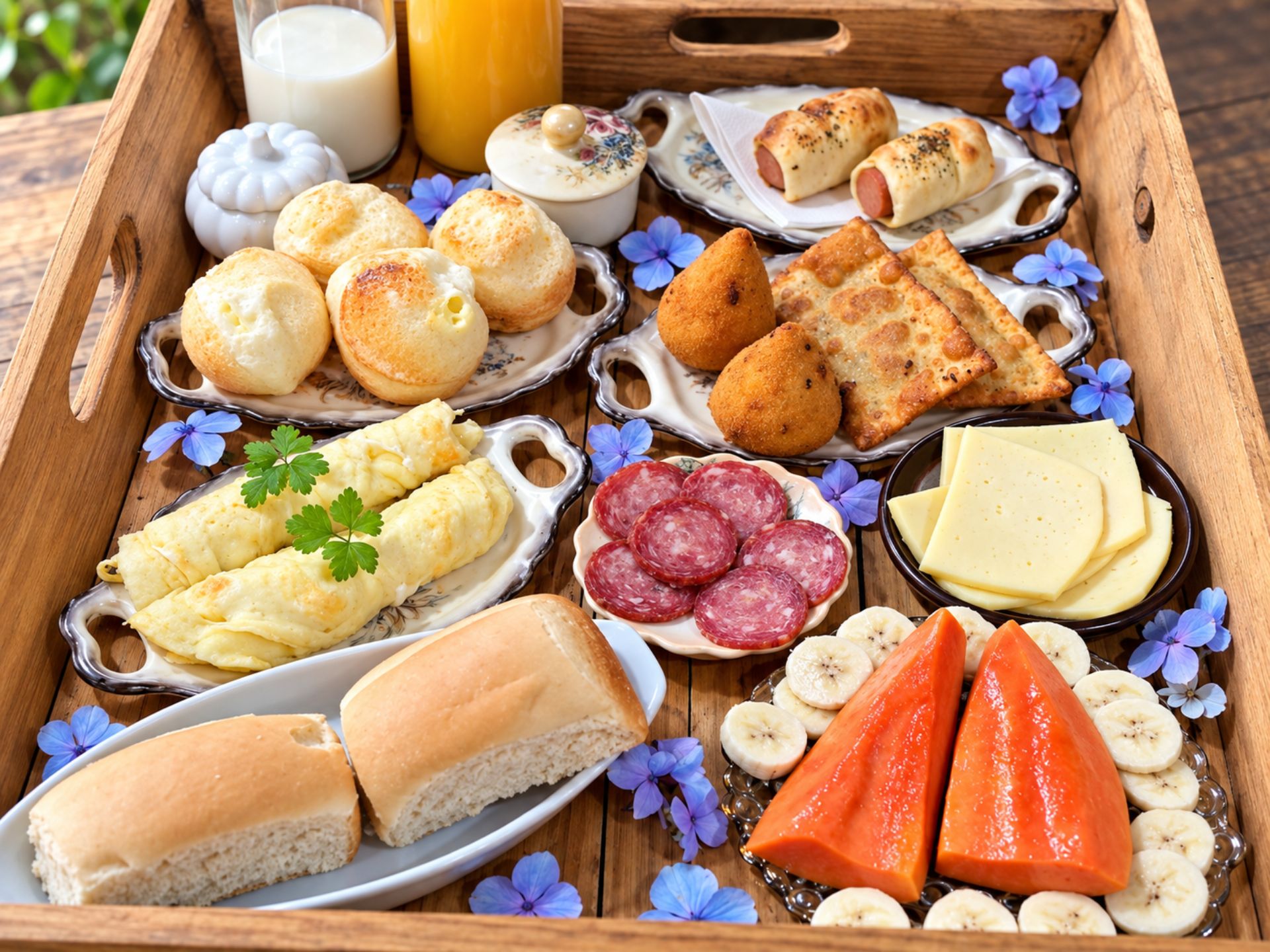 Un plateau en bois contenant divers aliments, notamment du pain, du fromage et des pâtisseries.