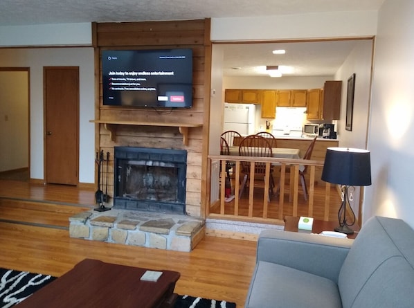TV connectée, cheminée, lecteur de DVD, livres