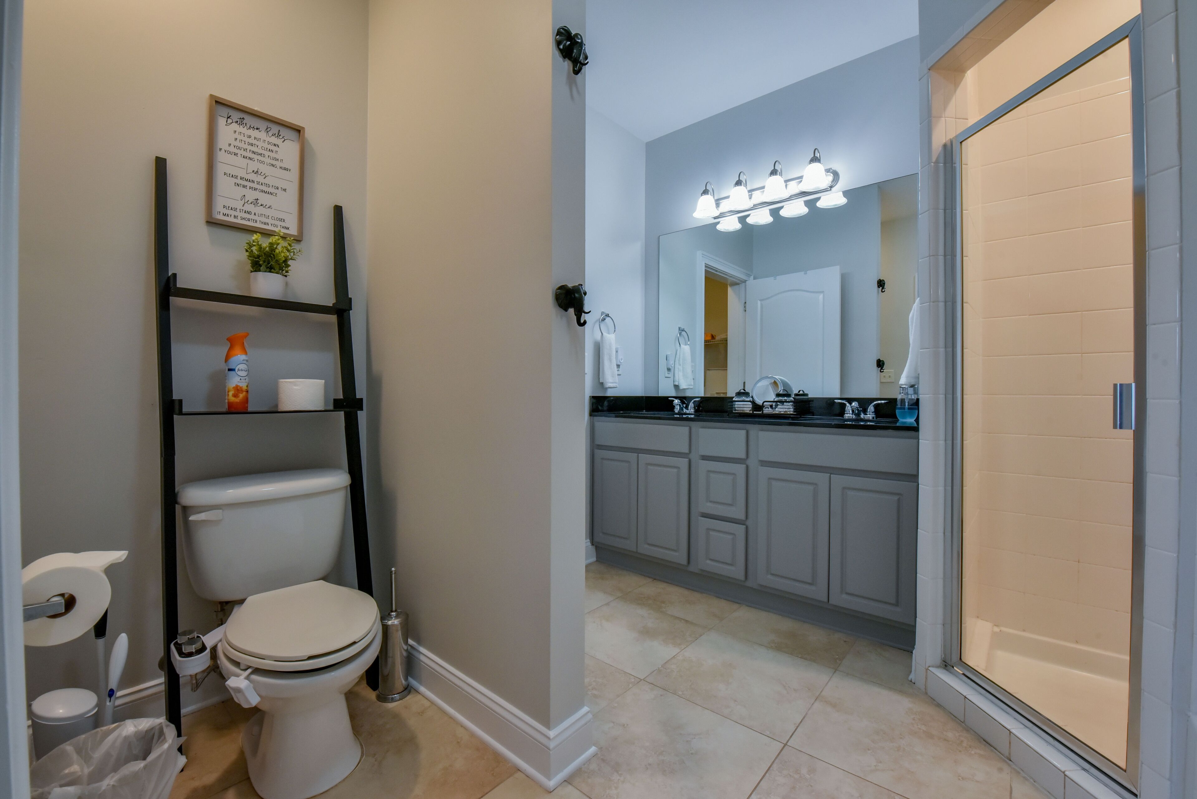 A bathroom with a toilet, sink, and vanity. There is a shelf with toiletries and a framed sign on the wall.