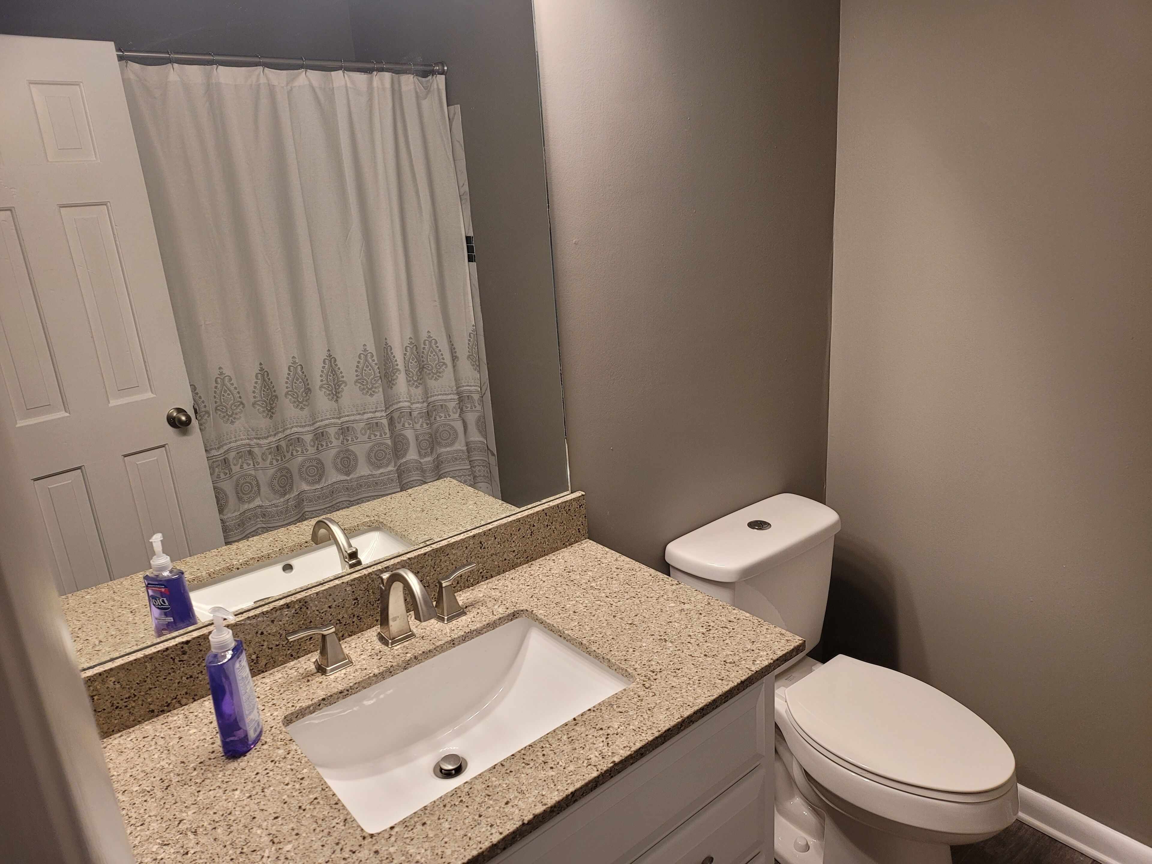 A bathroom with a sink, faucet, toilet, and a shower curtain.
