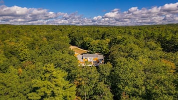 Una casa rodeada de un bosque frondoso, con cielo despejado arriba.