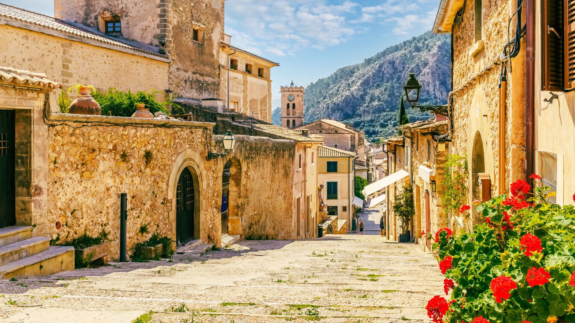 A cobblestone street in a historic town with stone buildings, a tower, and red flowers in the foreground.