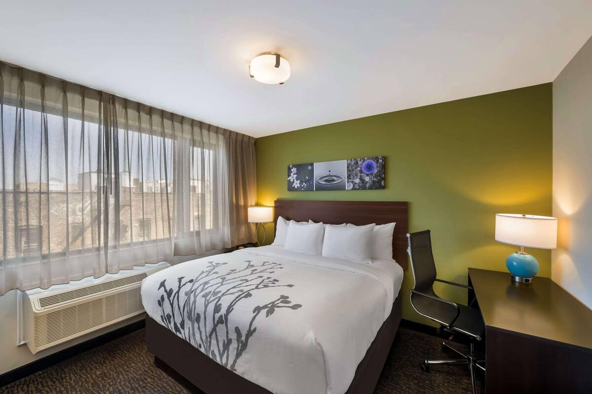 A hotel room with a bed, a desk, a chair, a window with sheer curtains, a wall-mounted lamp, and a ceiling light.