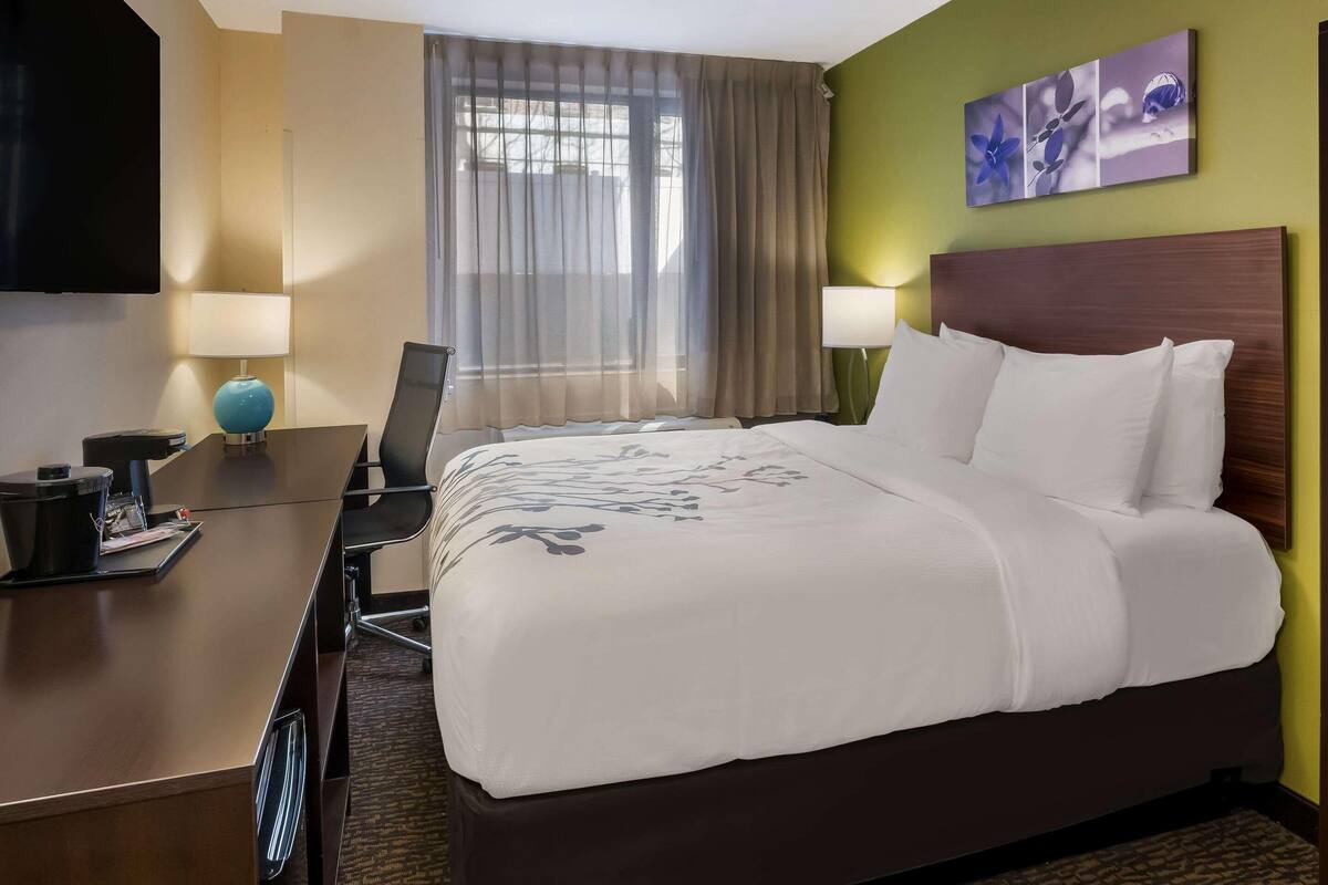 A hotel room with a bed, a desk, a chair, a television, and a window with curtains.