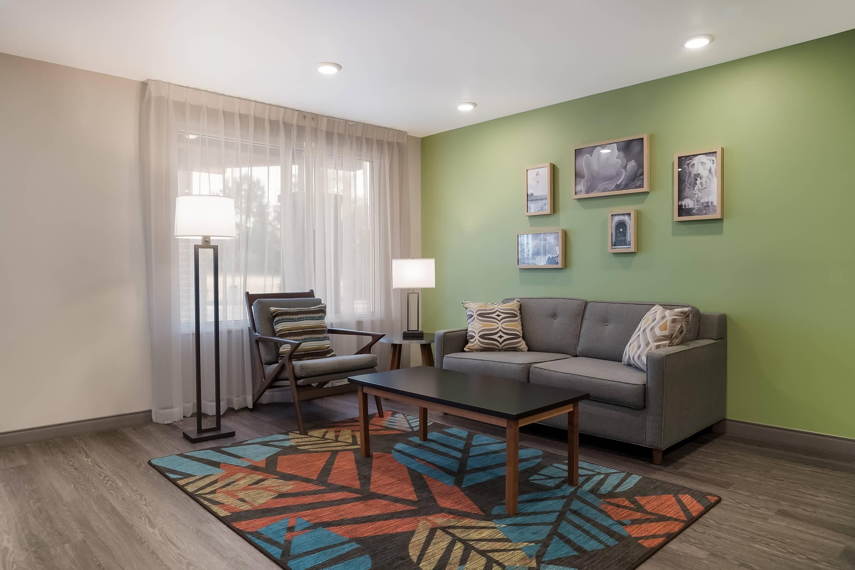 A modern living room with a sofa, armchair, coffee table, and a patterned rug.