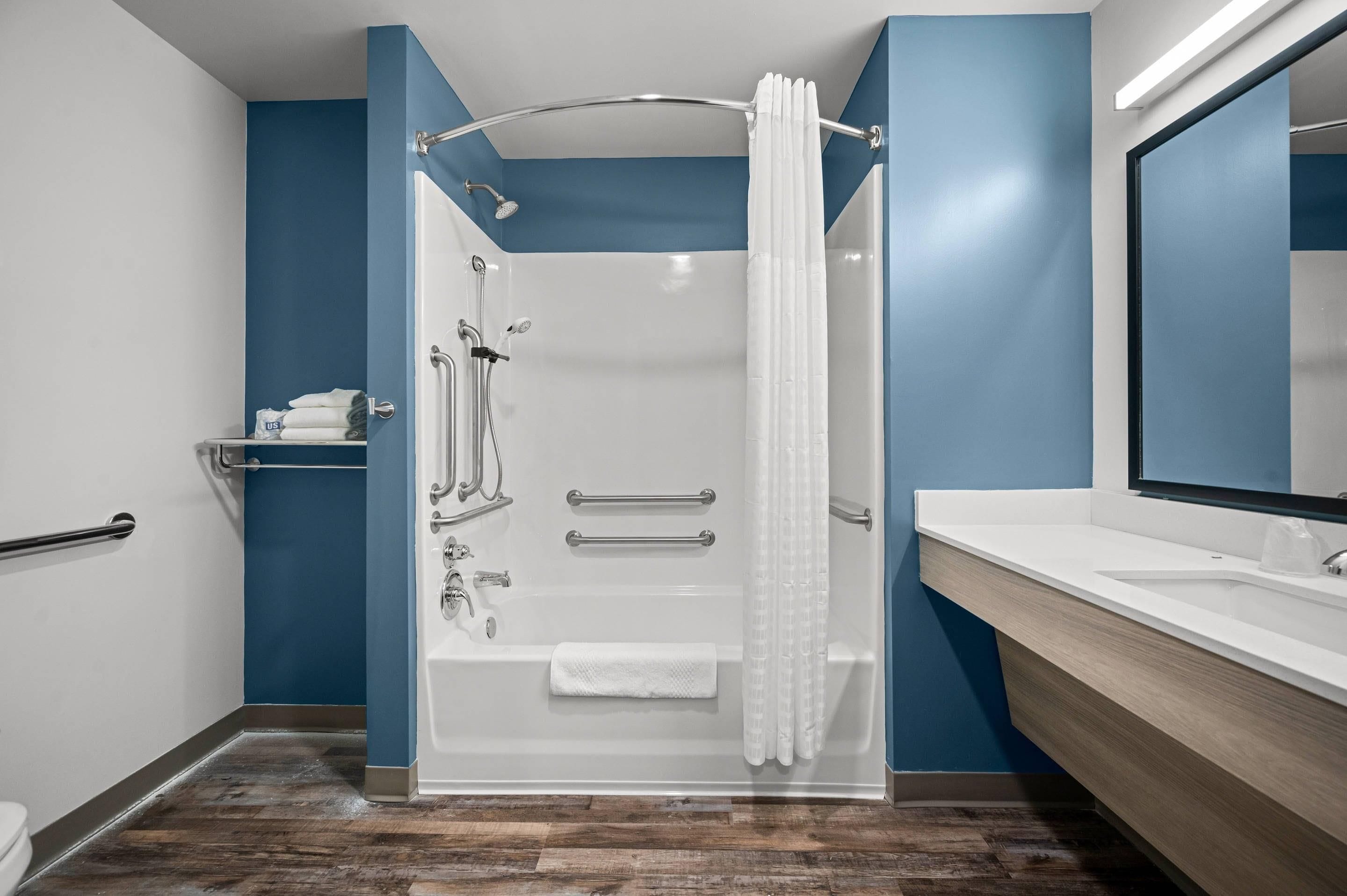 A modern bathroom with a shower, a bathtub, and a vanity with a mirror.