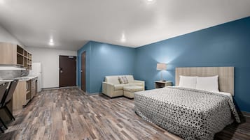 1 bedroom, desk, laptop workspace, blackout curtains