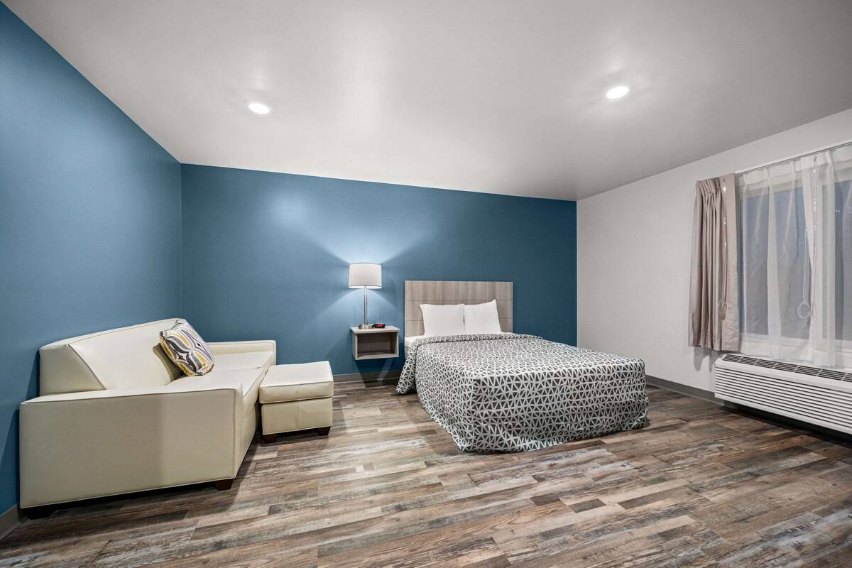 A modern hotel room with a blue accent wall, a bed with a patterned bedspread, a beige sofa, a small bedside table with a lamp, and a window with curtains.