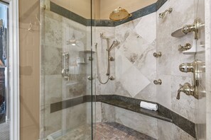 Hair dryer, towels, soap, shampoo