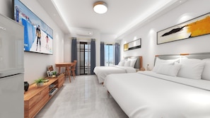 A modern hotel room with two beds, a dining area, and a large window with curtains.